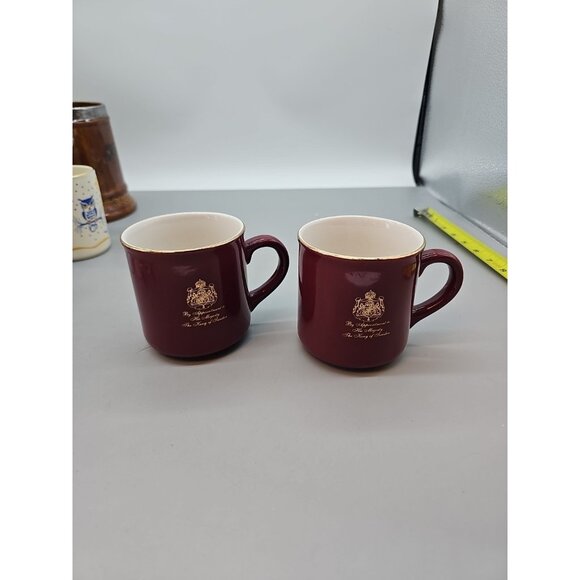 Set of (2) Gevalia Kaffe Coffee Mugs Maroon w/ Gold Rim By Appointment Majesty - Picture 1 of 7